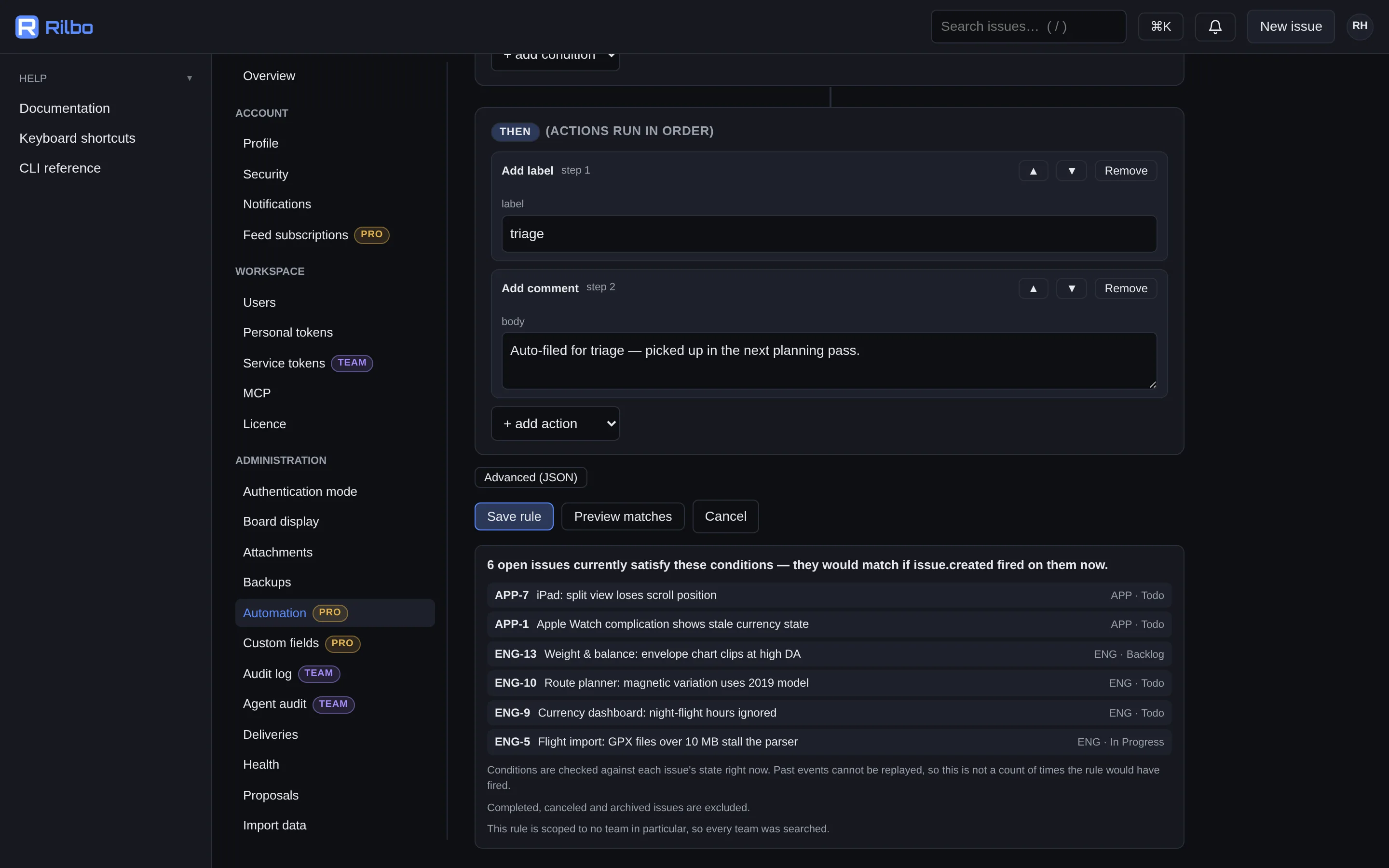 An automation dry-run preview listing six issues that currently match the rule