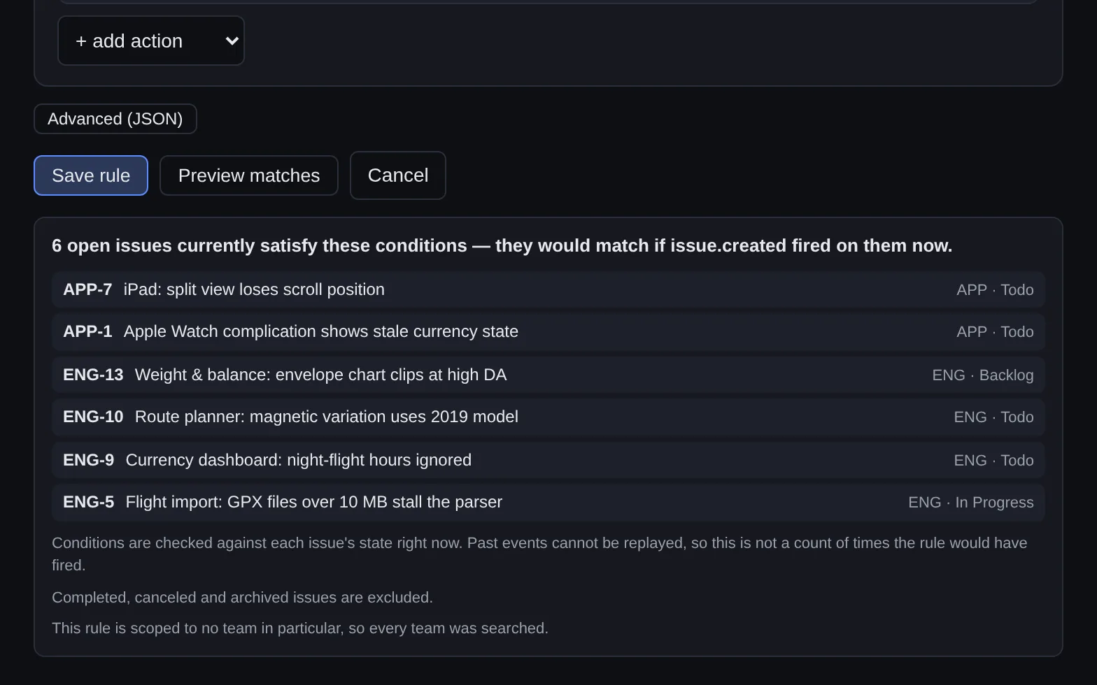 An automation dry-run preview listing six issues that currently match the rule