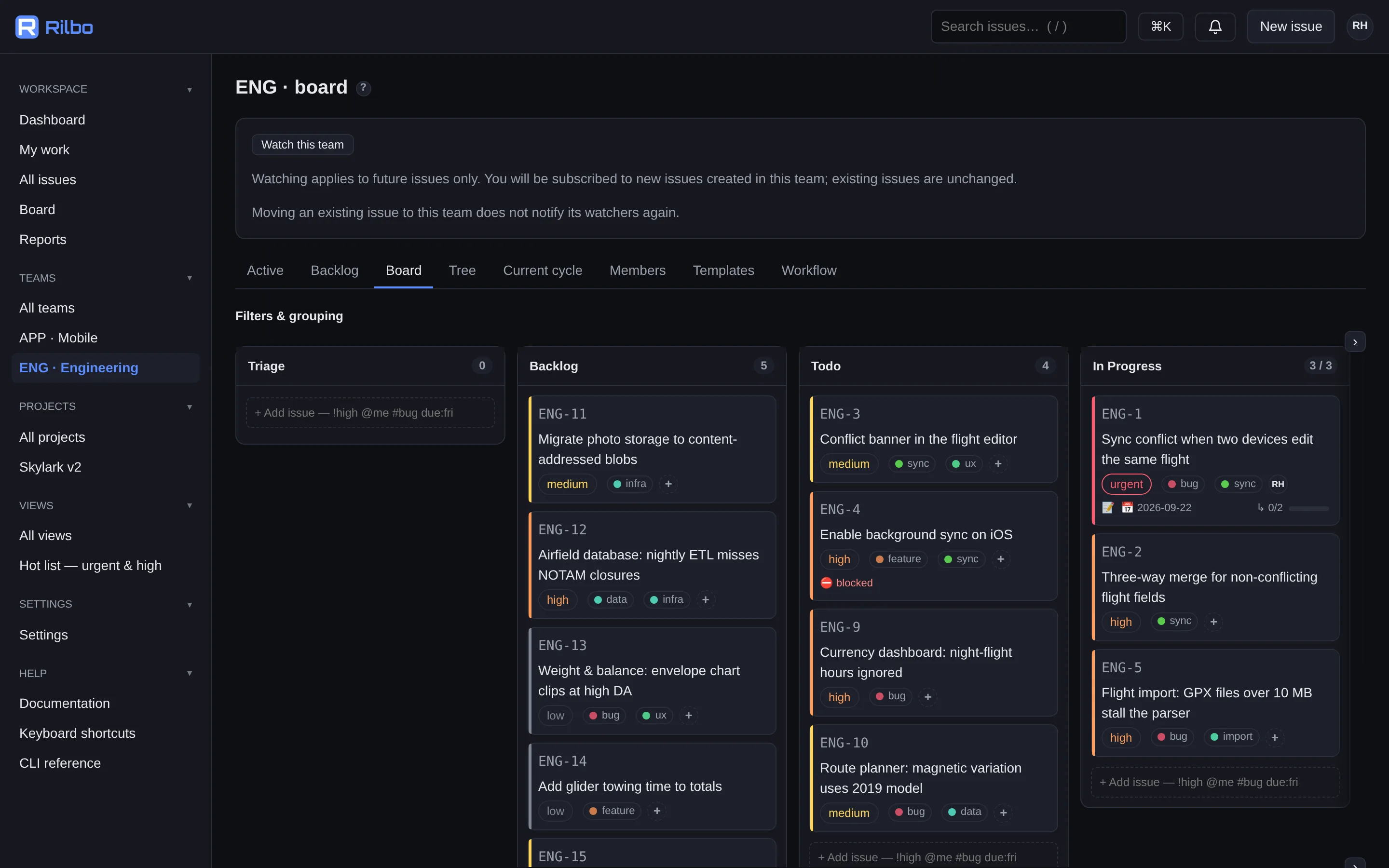 Rilbo board with workflow columns, priorities, labels and blocked issues in a fictional flight-logbook project