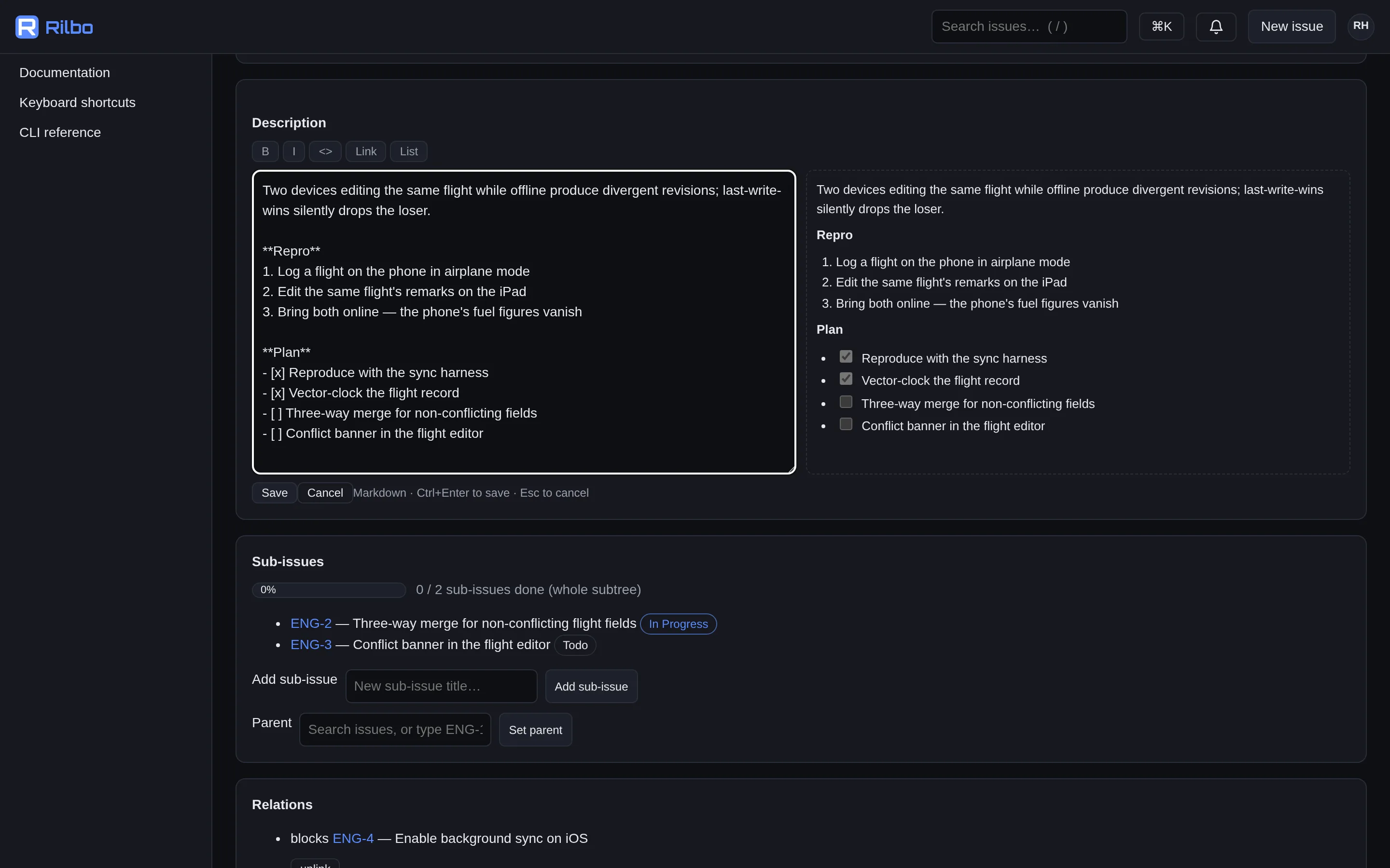 An issue description being edited alongside its rendered Markdown preview