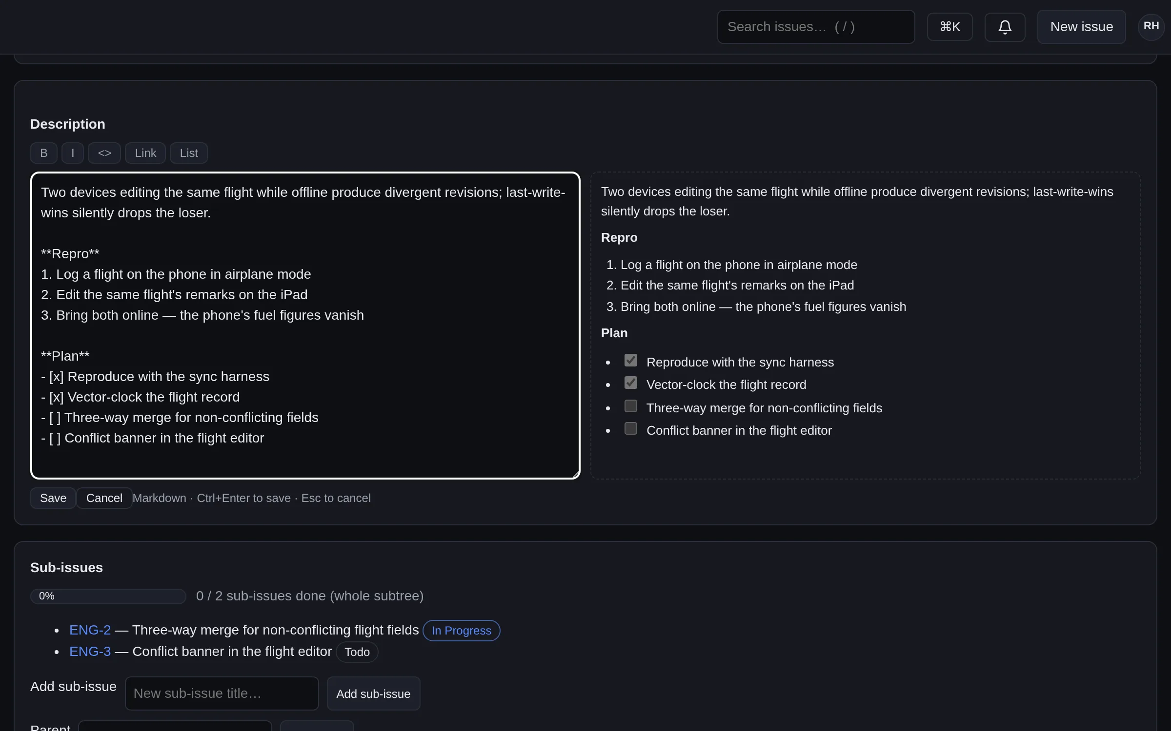 An issue description being edited alongside its rendered Markdown preview