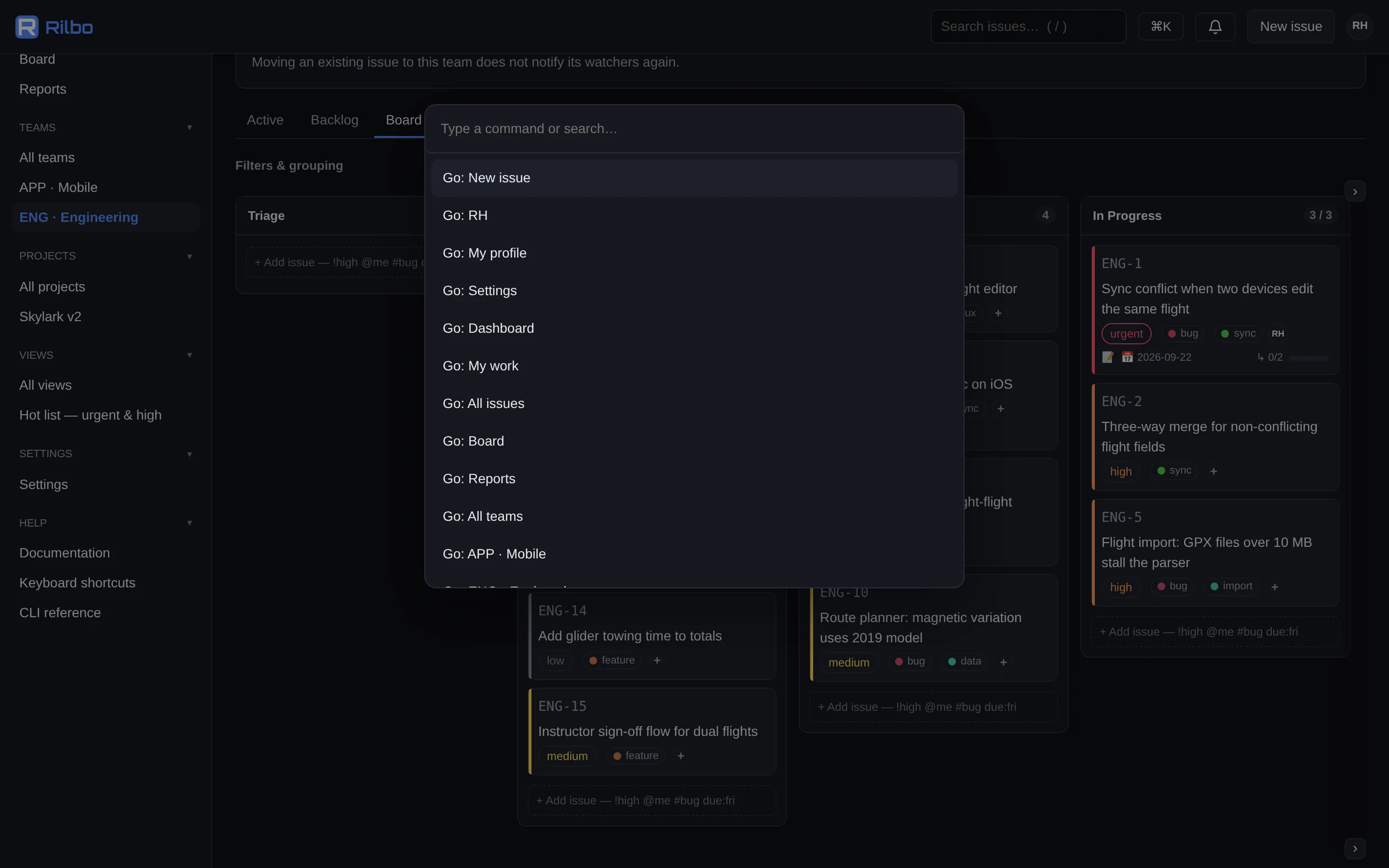 The command palette showing navigation commands over a project board