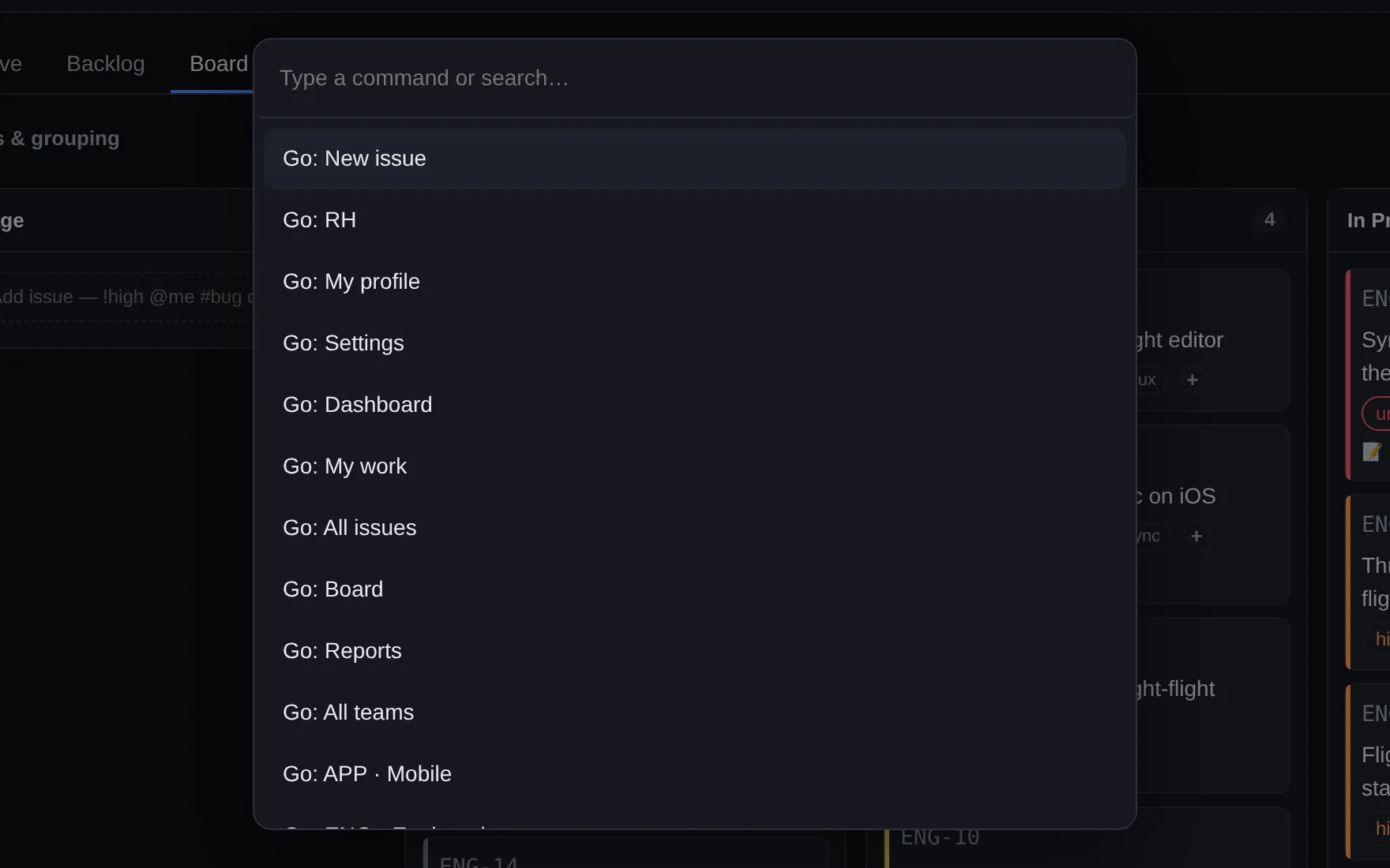 The command palette showing navigation commands over a project board